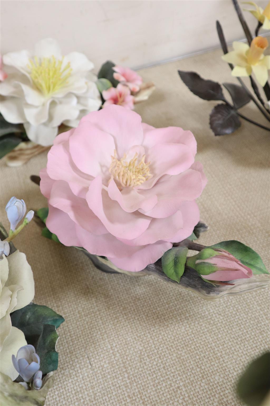 Five Boehm porcelain flower groups - Blue Nile Rose no.183, Pelargonium no.42, Pascal Rose with Freisas no.195, Annenberg Rose